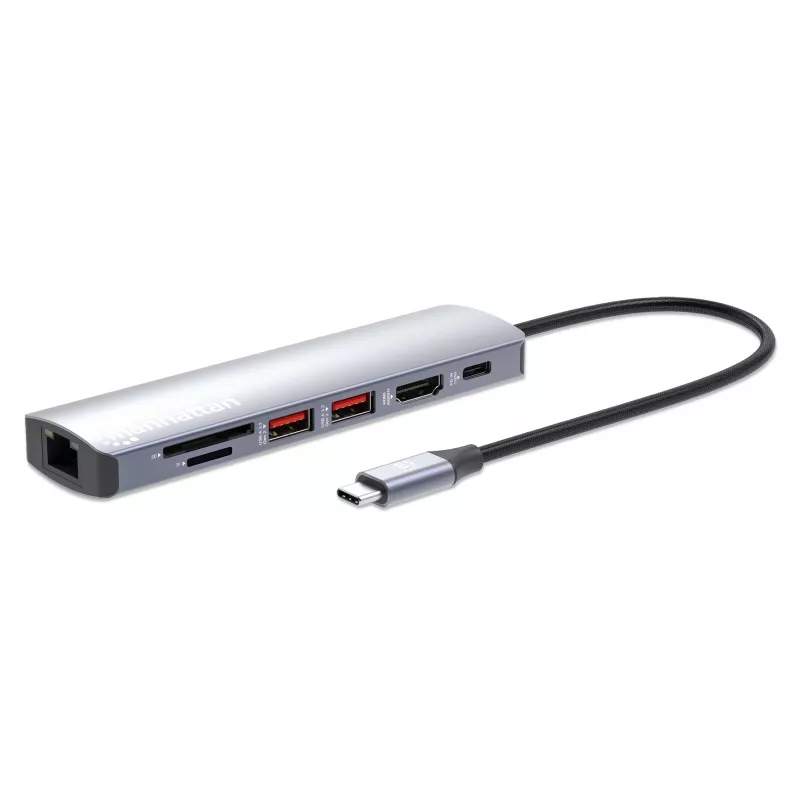Manhattan USB-C dokas / šakotuvas su kortelių skaitytuvu, prievadai (x5): Ethernet, HDMI, USB-A (x2) ir USB-C, su Power Delivery (PD) iki 100 W – reikalingas išorinis USB-C įkroviklis (nepridedamas). Maitinamas per USB (nereikia išorinio maitinimo šaltinio), kai PD nenaudojamas