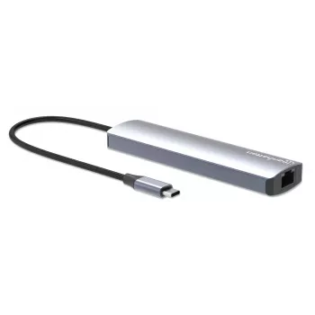 Manhattan USB-C dokas / šakotuvas su kortelių skaitytuvu, prievadai (x5): Ethernet, HDMI, USB-A (x2) ir USB-C, su Power Delivery (PD) iki 100 W – reikalingas išorinis USB-C įkroviklis (nepridedamas). Maitinamas per USB (nereikia išorinio maitinimo šaltinio), kai PD nenaudojamas