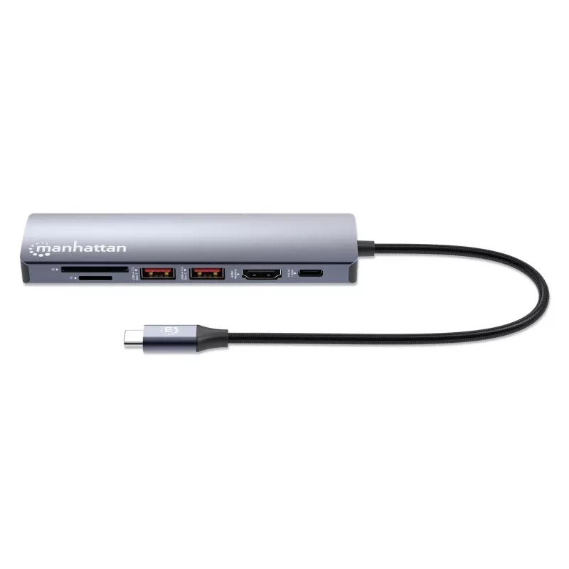 Manhattan USB-C dokas / šakotuvas su kortelių skaitytuvu, prievadai (x5): Ethernet, HDMI, USB-A (x2) ir USB-C, su Power Delivery (PD) iki 100 W – reikalingas išorinis USB-C įkroviklis (nepridedamas). Maitinamas per USB (nereikia išorinio maitinimo šaltinio), kai PD nenaudojamas