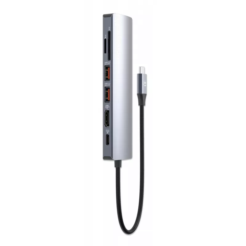 Manhattan USB-C dokas / šakotuvas su kortelių skaitytuvu, prievadai (x5): Ethernet, HDMI, USB-A (x2) ir USB-C, su Power Delivery (PD) iki 100 W – reikalingas išorinis USB-C įkroviklis (nepridedamas). Maitinamas per USB (nereikia išorinio maitinimo šaltinio), kai PD nenaudojamas