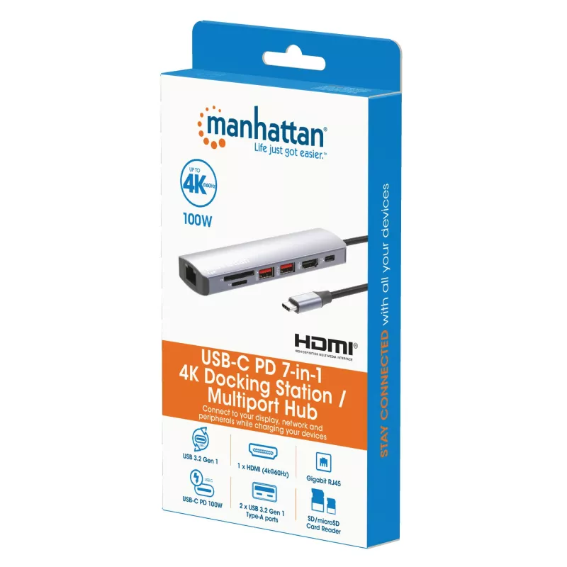 Manhattan USB-C dokas / šakotuvas su kortelių skaitytuvu, prievadai (x5): Ethernet, HDMI, USB-A (x2) ir USB-C, su Power Delivery (PD) iki 100 W – reikalingas išorinis USB-C įkroviklis (nepridedamas). Maitinamas per USB (nereikia išorinio maitinimo šaltinio), kai PD nenaudojamas
