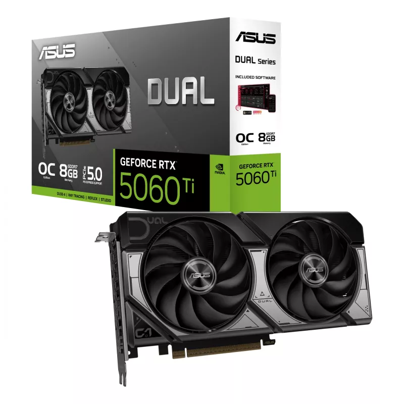 Vaizdo plokštė ASUS GeForce RTX 5060 Ti 8 GB GDDR7, PCIe 5.0, 128 bitų, 2602 MHz boost, 2,5 lizdo, 229 mm