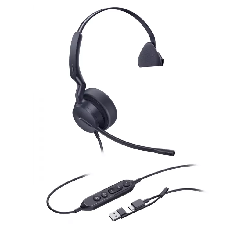 Yealink UH44 Mono Teams USB-C/A ausinės, laidinės, 20–20000 Hz, biurui / skambučių centrui, 127 g, galvos juostos tipo, juodos