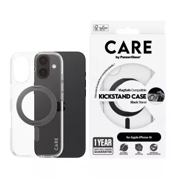 PanzerGlass CARE™ by ® dėklas permatomas su juodu atrama ir MagSafe iPhone 16