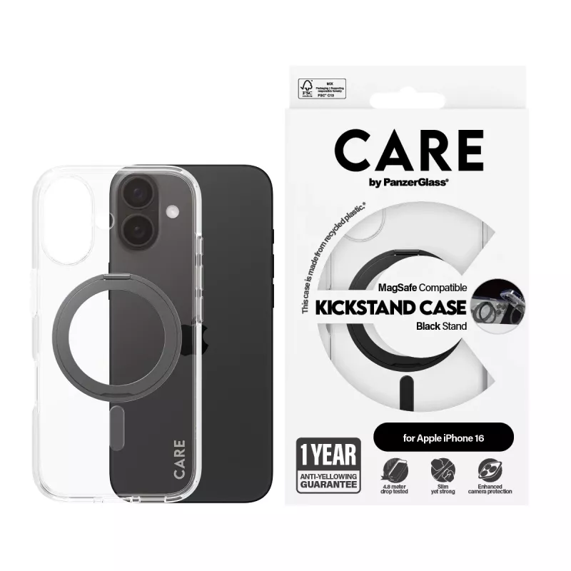 PanzerGlass CARE™ by ® dėklas permatomas su juodu atrama ir MagSafe iPhone 16