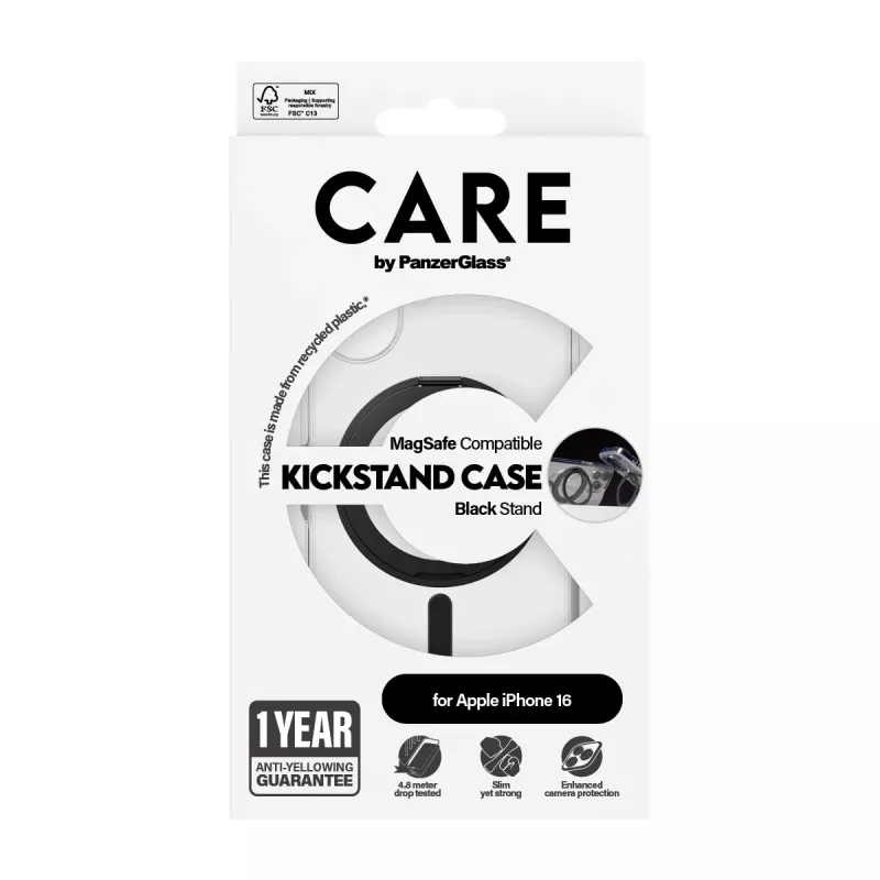 PanzerGlass CARE™ by ® dėklas permatomas su juodu atrama ir MagSafe iPhone 16