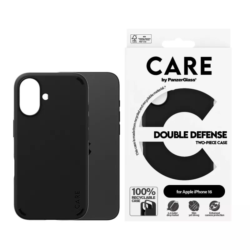 PanzerGlass CARE™ by ® Double Defense Case Black iPhone 16, Dangtelis, Apple, Apple - iPhone 16, Juoda