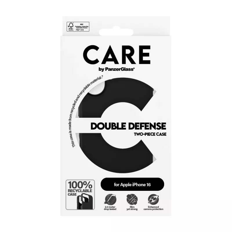 PanzerGlass CARE™ by ® Double Defense Case Black iPhone 16, Dangtelis, Apple, Apple - iPhone 16, Juoda