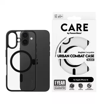 PanzerGlass CARE™ by ® Urban Combat dėklas permatomas su juodu rėmeliu ir MagSafe iPhone 16