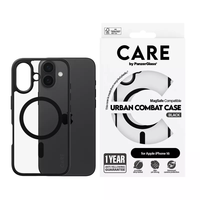 PanzerGlass CARE™ by ® Urban Combat dėklas permatomas su juodu rėmeliu ir MagSafe iPhone 16