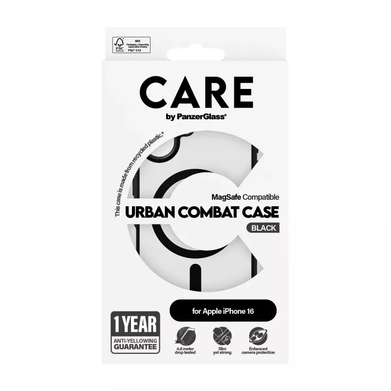PanzerGlass CARE™ by ® Urban Combat dėklas permatomas su juodu rėmeliu ir MagSafe iPhone 16