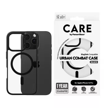 PanzerGlass CARE™ by ® Urban Combat Case Skaidrus su juodu rėmeliu ir MagSafe, skirtas iPhone 16 Pro