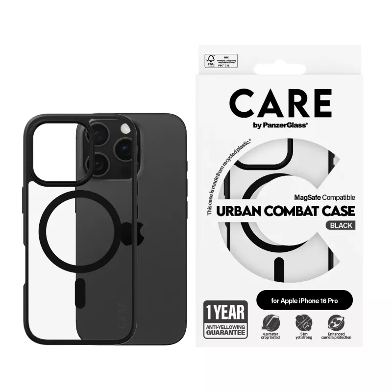 PanzerGlass CARE™ by ® Urban Combat Case Skaidrus su juodu rėmeliu ir MagSafe, skirtas iPhone 16 Pro