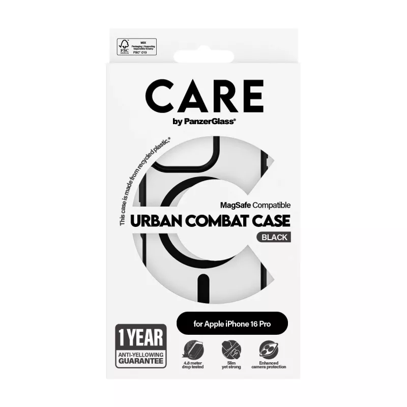 PanzerGlass CARE™ by ® Urban Combat Case Skaidrus su juodu rėmeliu ir MagSafe, skirtas iPhone 16 Pro
