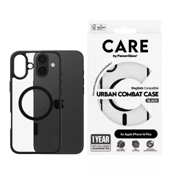 PanzerGlass CARE™ by ® Urban Combat Case Transparentus su juodu rėmeliu ir MagSafe, skirtas iPhone 16 Plus