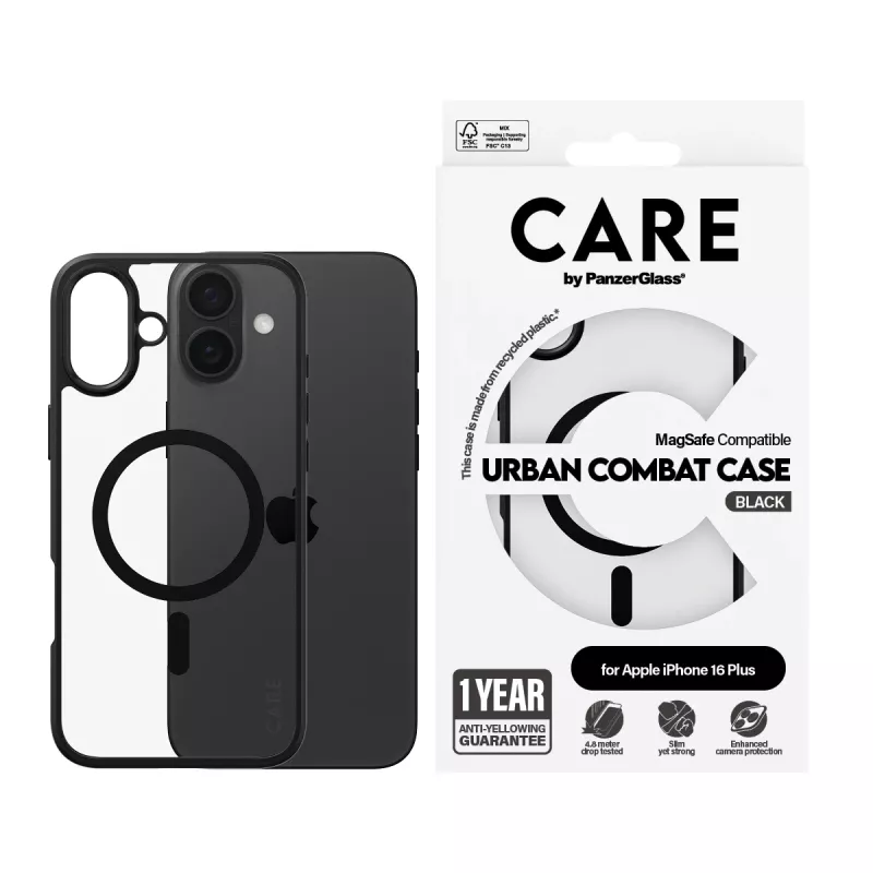 PanzerGlass CARE™ by ® Urban Combat Case Transparentus su juodu rėmeliu ir MagSafe, skirtas iPhone 16 Plus