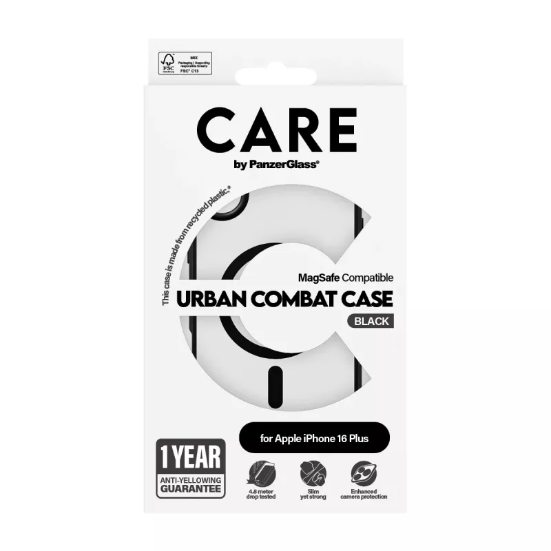 PanzerGlass CARE™ by ® Urban Combat Case Transparentus su juodu rėmeliu ir MagSafe, skirtas iPhone 16 Plus