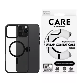 PanzerGlass CARE™ by ® Urban Combat Case Skaidrus su juodu rėmeliu ir MagSafe, skirtas iPhone 16 Pro Max