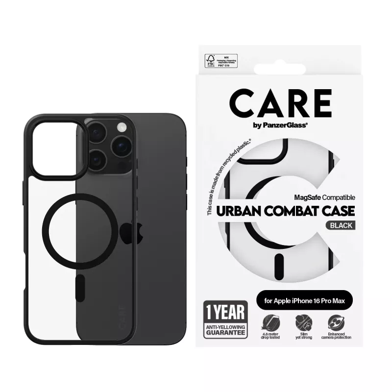 PanzerGlass CARE™ by ® Urban Combat Case Skaidrus su juodu rėmeliu ir MagSafe, skirtas iPhone 16 Pro Max