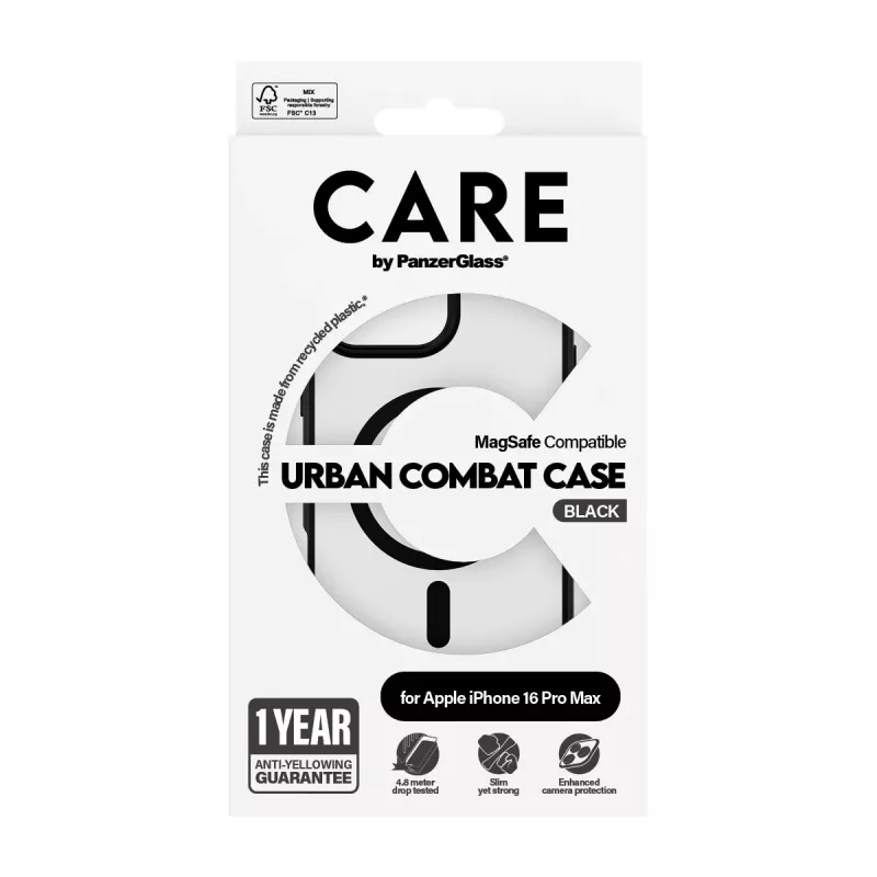 PanzerGlass CARE™ by ® Urban Combat Case Skaidrus su juodu rėmeliu ir MagSafe, skirtas iPhone 16 Pro Max