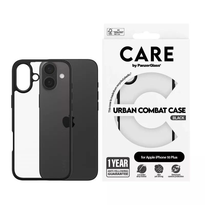 PanzerGlass CARE™ by ® Urban Combat Case permatomas su juodu rėmeliu iPhone 16 Plus