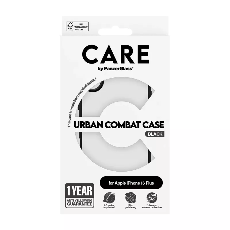 PanzerGlass CARE™ by ® Urban Combat Case permatomas su juodu rėmeliu iPhone 16 Plus