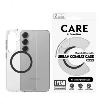PanzerGlass CARE™ by ® Urban Combat dėklas permatomas su juoda Qi suderinama Samsung Galaxy S25