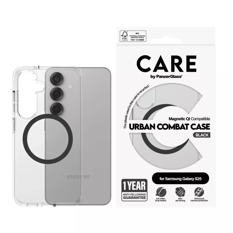 PanzerGlass CARE™ by ® Urban Combat dėklas permatomas su juoda Qi suderinama Samsung Galaxy S25