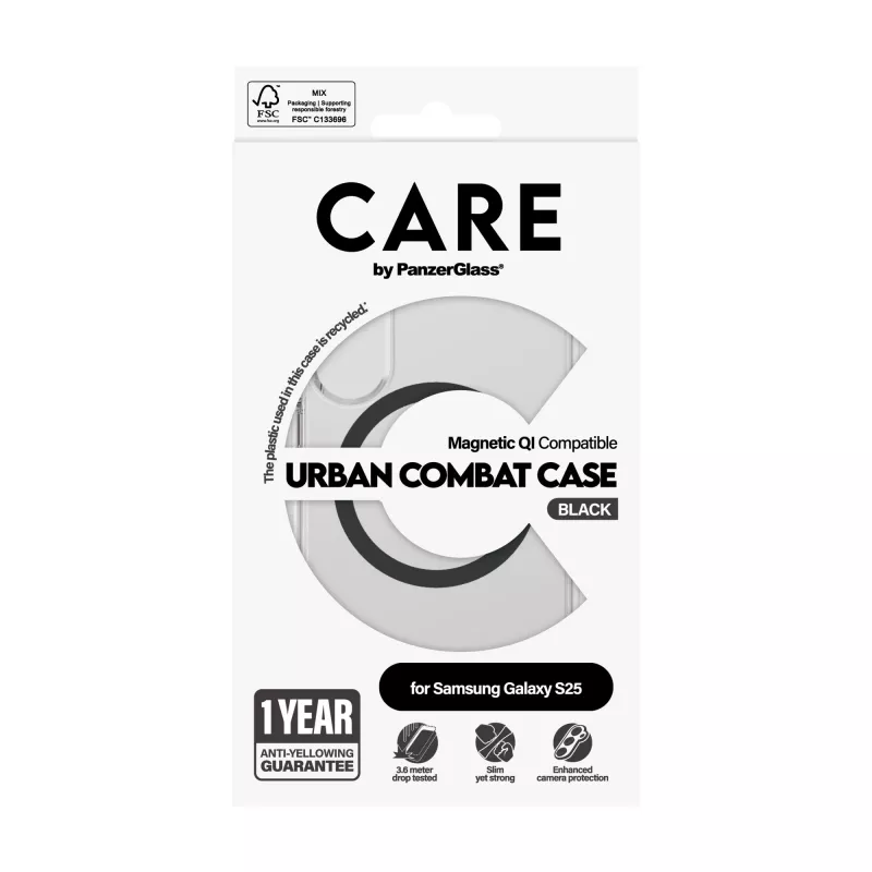PanzerGlass CARE™ by ® Urban Combat dėklas permatomas su juoda Qi suderinama Samsung Galaxy S25