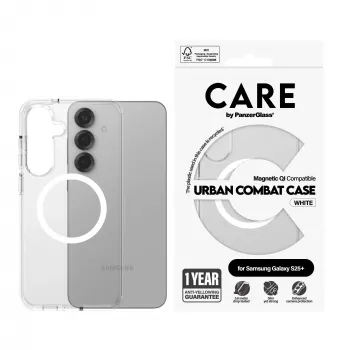 „PanzerGlass CARE™ by ® Urban Combat“ dėklas, permatomas, su baltu, Qi suderinamas su „Samsung Galaxy S25+“