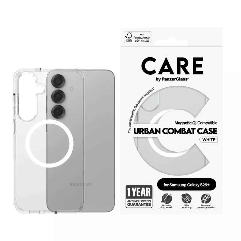 „PanzerGlass CARE™ by ® Urban Combat“ dėklas, permatomas, su baltu, Qi suderinamas su „Samsung Galaxy S25+“