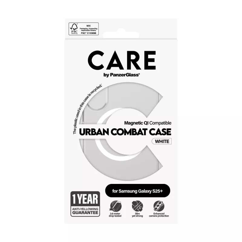 „PanzerGlass CARE™ by ® Urban Combat“ dėklas, permatomas, su baltu, Qi suderinamas su „Samsung Galaxy S25+“