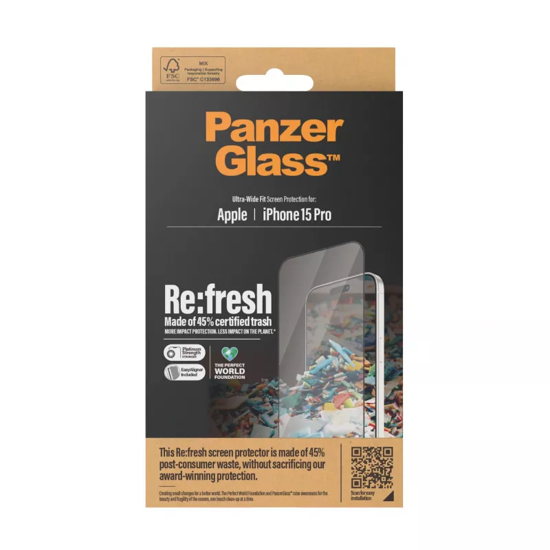 PanzerGlass ® Re:fresh ekrano apsauga iPhone 15 Pro | Itin platus pritaikymas su EasyAligner