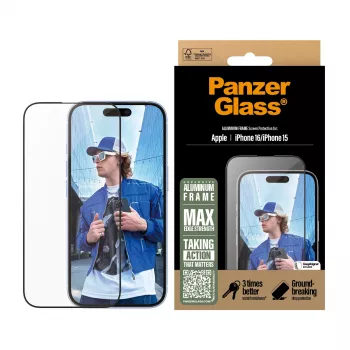 PanzerGlass ® Apsauginis stiklas su aliuminio rėmeliu iPhone 16 | 15 | Ultra-Wide Fit
