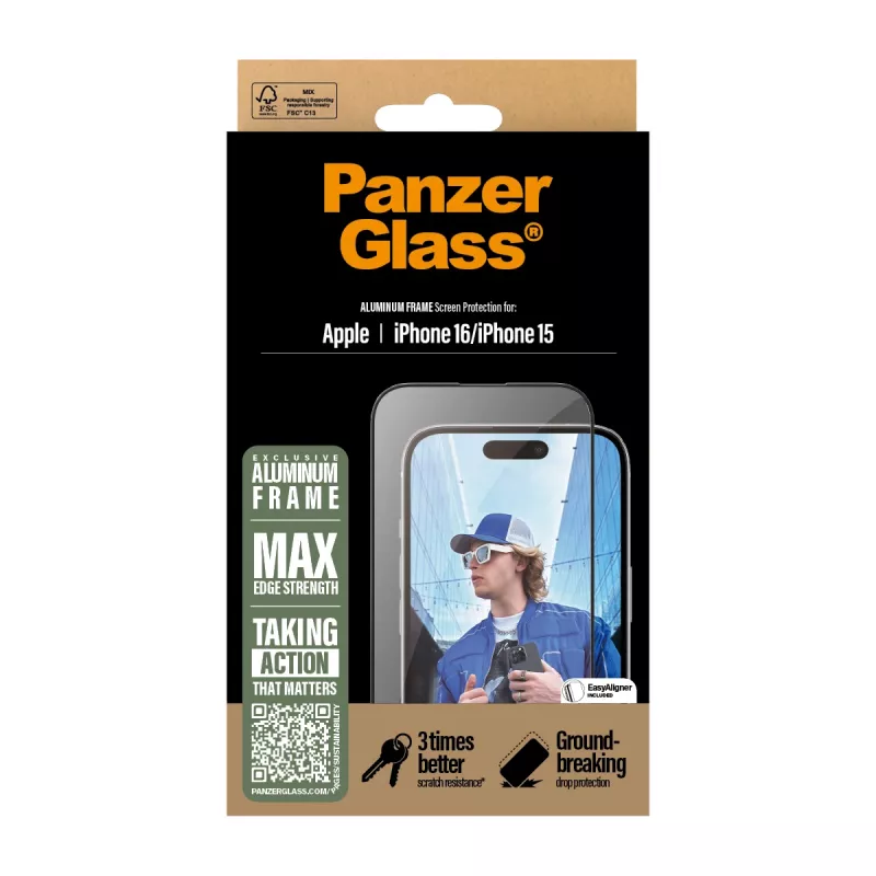 PanzerGlass ® Apsauginis stiklas su aliuminio rėmeliu iPhone 16 | 15 | Ultra-Wide Fit
