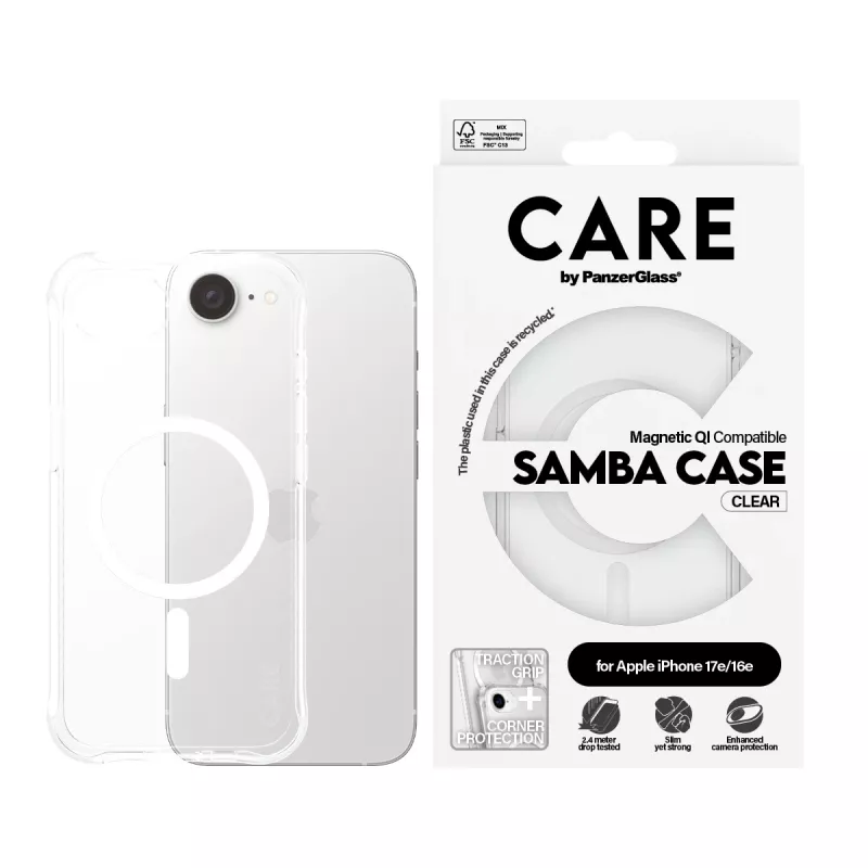 PanzerGlass CARE™ by ® Samba Case permatomas su baltu Qi suderinamas iPhone 17e | 16e