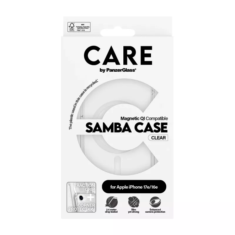 PanzerGlass CARE™ by ® Samba Case permatomas su baltu Qi suderinamas iPhone 17e | 16e