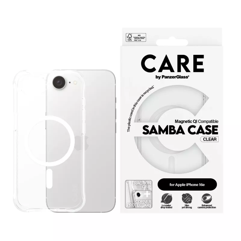 PanzerGlass CARE™ by ® Samba Case permatomas su baltu Qi suderinamas iPhone 17e | 16e