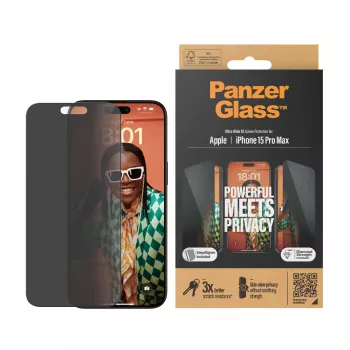 PanzerGlass ® privatumo ekrano apsauga iPhone 15 Pro Max | Itin platus pritaikymas su EasyAligner