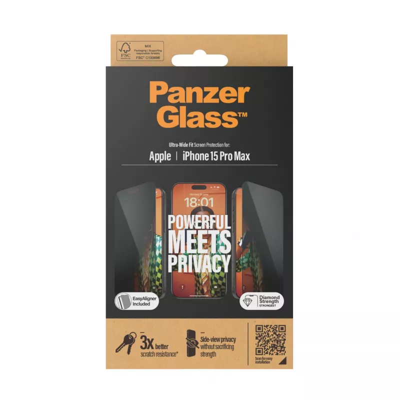 PanzerGlass ® privatumo ekrano apsauga iPhone 15 Pro Max | Itin platus pritaikymas su EasyAligner