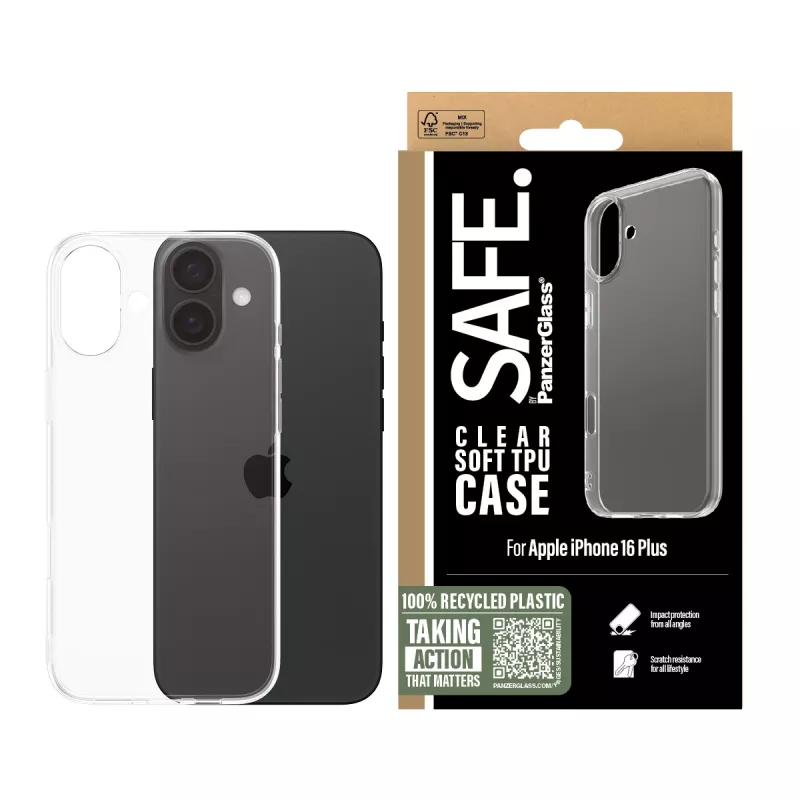PanzerGlass SAFE. by ® TPU dėklas permatomas iPhone 16 Plus, Dangtelis, Apple, Apple - iPhone 16 Plus, Permatomas