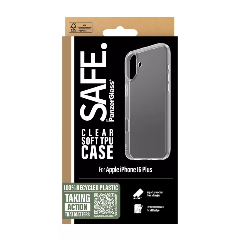 PanzerGlass SAFE. by ® TPU dėklas permatomas iPhone 16 Plus, Dangtelis, Apple, Apple - iPhone 16 Plus, Permatomas