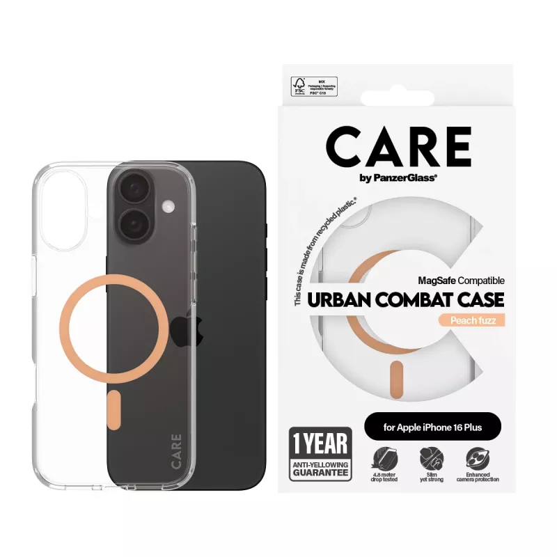 PanzerGlass CARE™ by ® Urban Combat dėklas permatomas su Peachy MagSafe iPhone 16 Plus