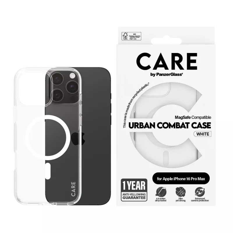 PanzerGlass CARE™ by ® Urban Combat dėklas permatomas su baltu MagSafe skirtas iPhone 16 Pro Max