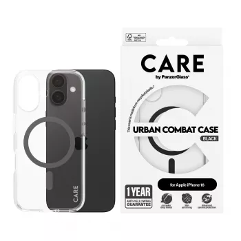PanzerGlass CARE™ by ® Urban Combat dėklas permatomas su juoda MagSafe, skirtas iPhone 16