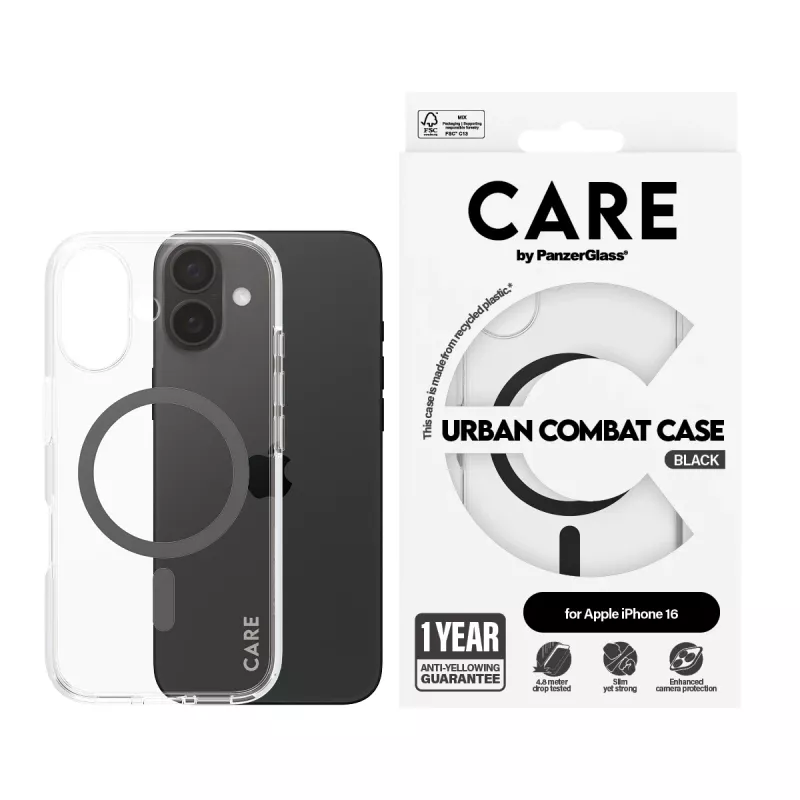 PanzerGlass CARE™ by ® Urban Combat dėklas permatomas su juoda MagSafe, skirtas iPhone 16