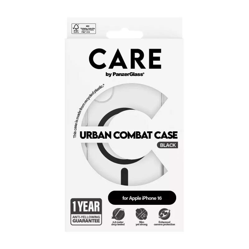 PanzerGlass CARE™ by ® Urban Combat dėklas permatomas su juoda MagSafe, skirtas iPhone 16