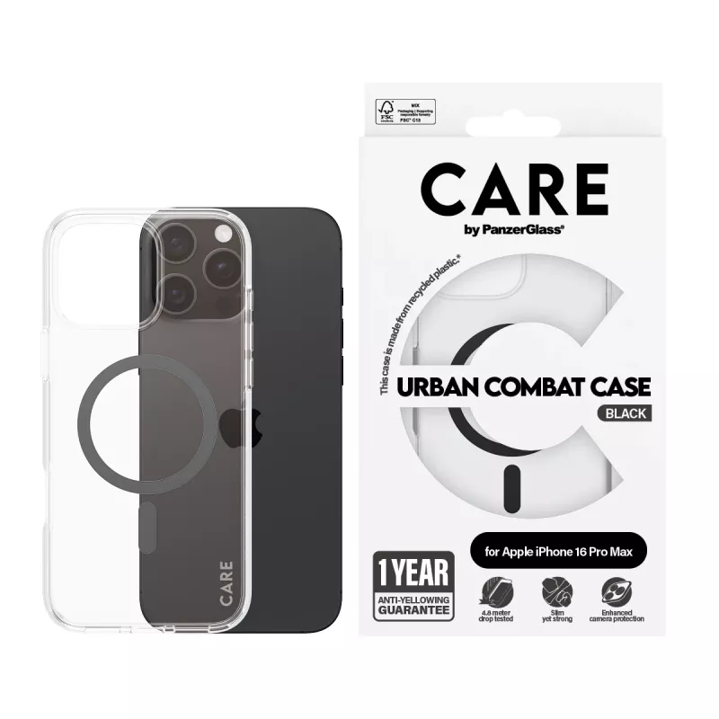 PanzerGlass CARE™ by ® Urban Combat dėklas permatomas su juodu MagSafe iPhone 16 Pro Max