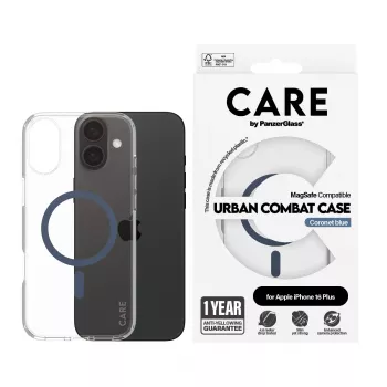 PanzerGlass CARE™ by ® Urban Combat dėklas permatomas su mėlynu MagSafe iPhone 16 Plus