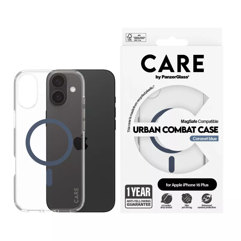 PanzerGlass CARE™ by ® Urban Combat dėklas permatomas su mėlynu MagSafe iPhone 16 Plus